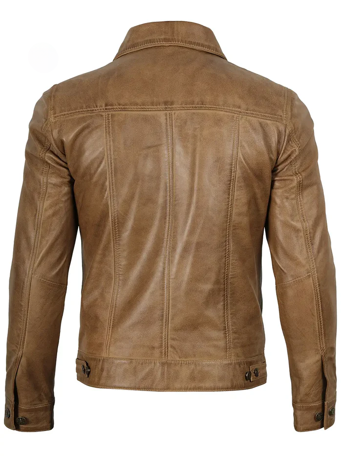 Fernando Men's Camel Brown Leather Trucker Jacket - Front Open View