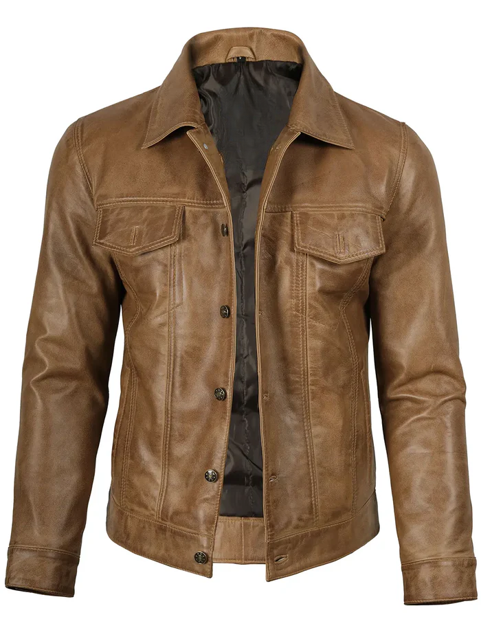Men’s Camel Brown Leather Trucker Jacket – Front Open View | NSM Jackets