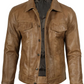 Fernando Men's Camel Brown Leather Trucker Jacket - Front View