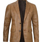 Camel brown leather two-button blazer, full front view