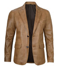 Camel Brown Leather Blazer Jacket – Two-Button Classic Fit