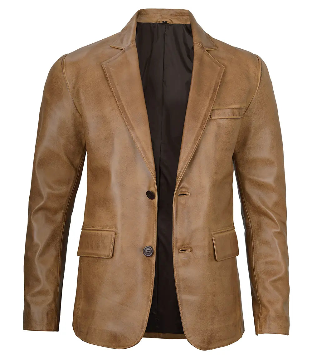 Camel brown leather two-button blazer, full front view