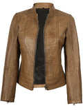 Women’s Camel Leather Biker Jacket – Side View