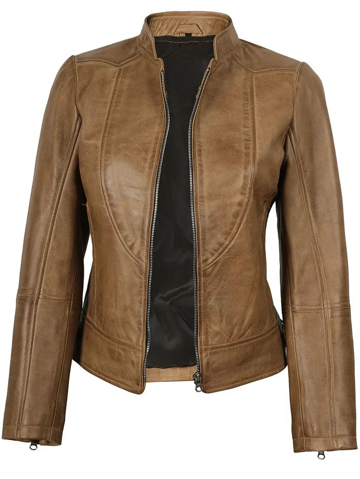 Women’s Camel Leather Biker Jacket – Side View