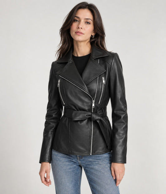 Vesper Women's Black Belted Leather Biker Jacket