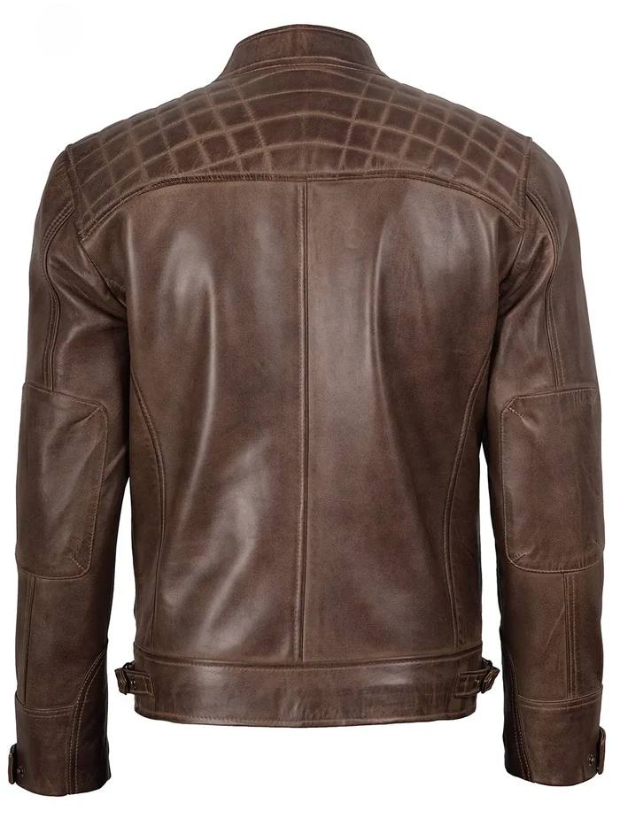 Cacao Men's Chocolate Brown Cafe Racer Leather Jacket - Front View