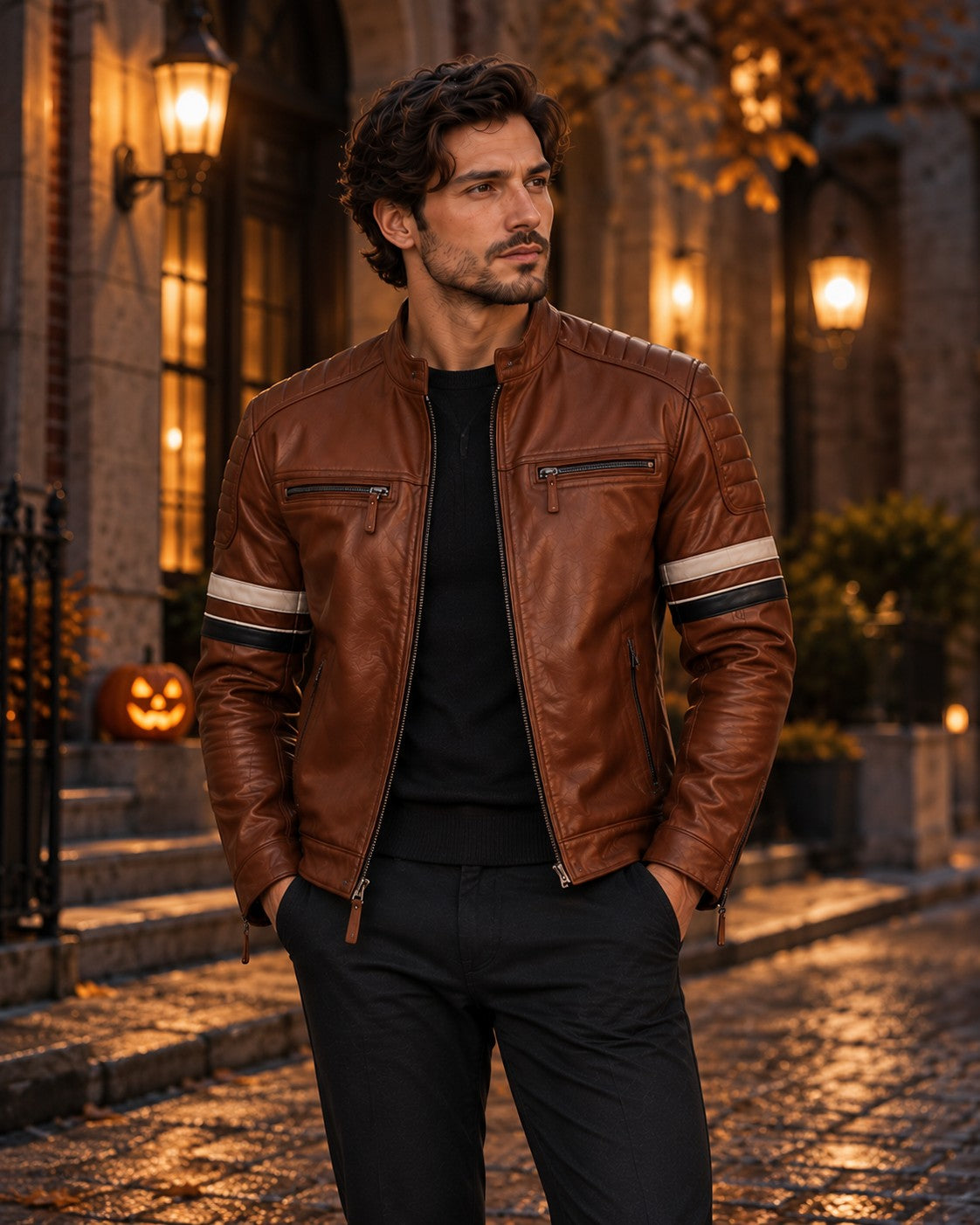 Leather jacket styled for Halloween at night