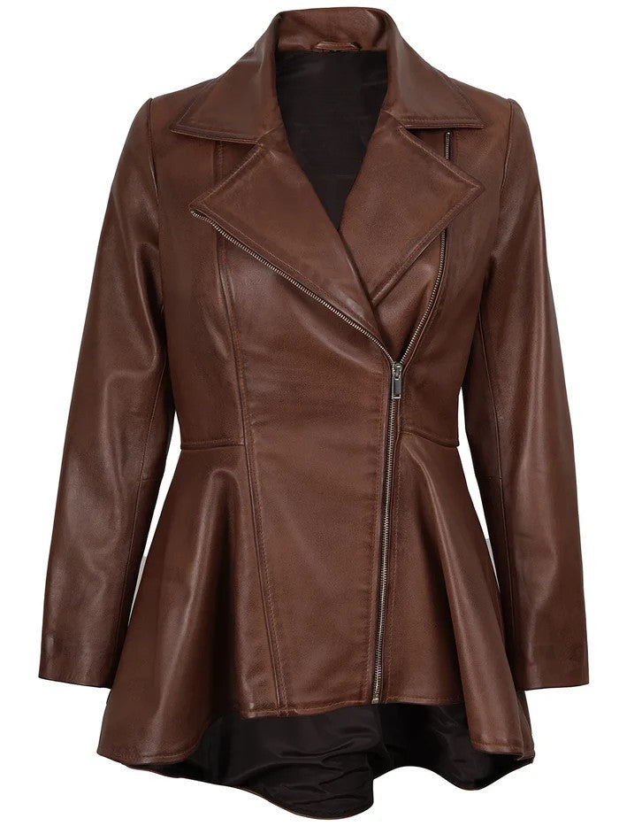 Women’s Cognac Brown Peplum Leather Jacket – Front View