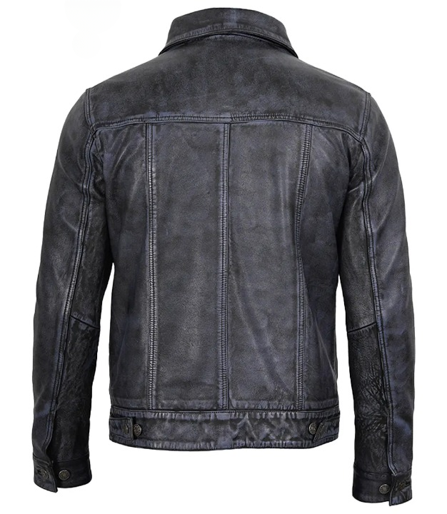 Outlaw Men's Black Washed Leather Trucker Jacket - Detail View