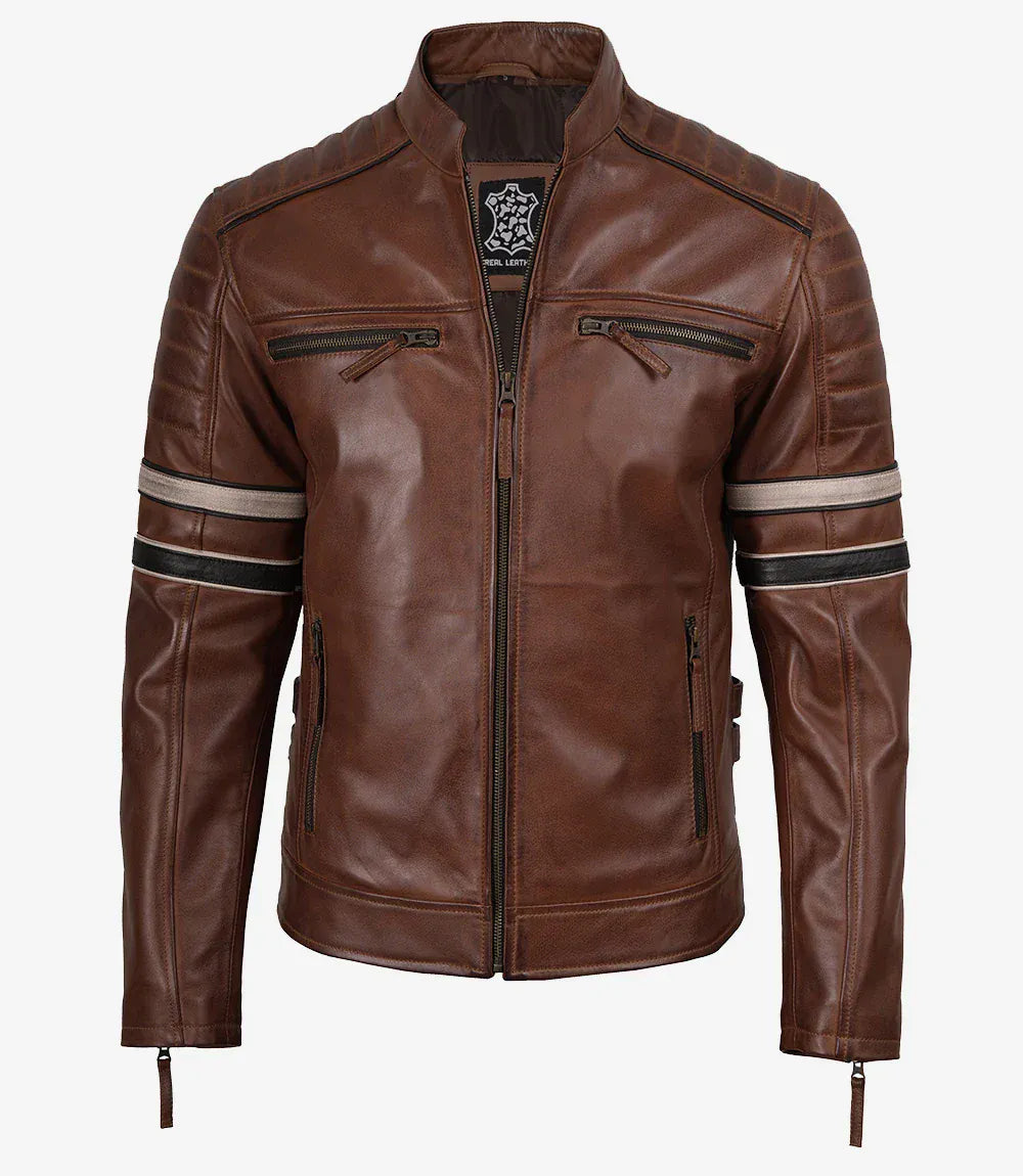 Cognac brown leather biker jacket for men, full front view