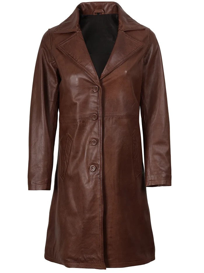 Women’s Cognac Brown Real Leather Coat – Front View