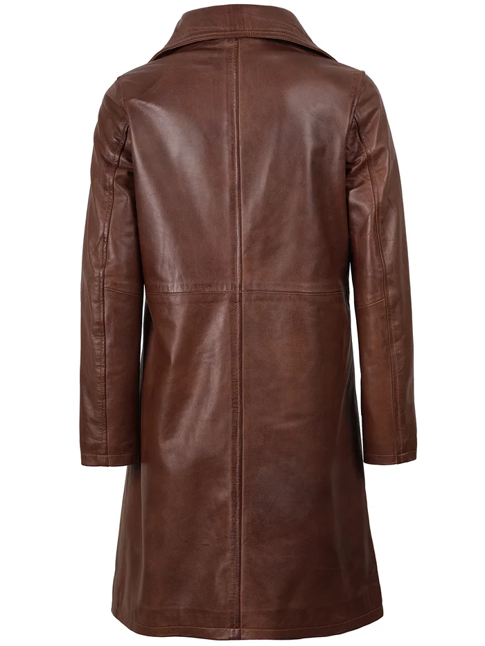 Noir Women's Cognac Brown Leather Coat - Back View