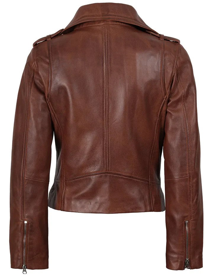 Women’s Cognac Brown Motorcycle Leather Jacket – Front View