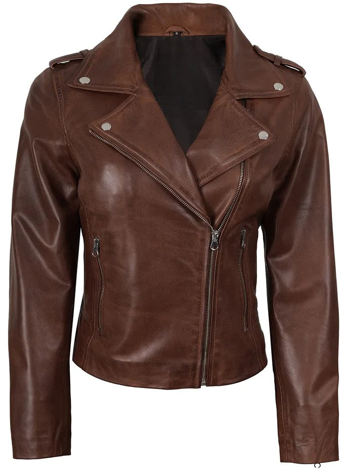 Women’s Cognac Brown Motorcycle Leather Jacket – Front View