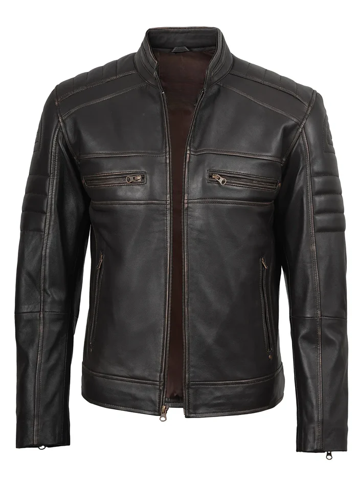 Maverick Men's Dark Brown Cafe Racer Leather Jacket - Side View