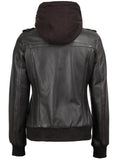 Back View – Women’s Dark Brown Hooded Leather Bomber Jacket