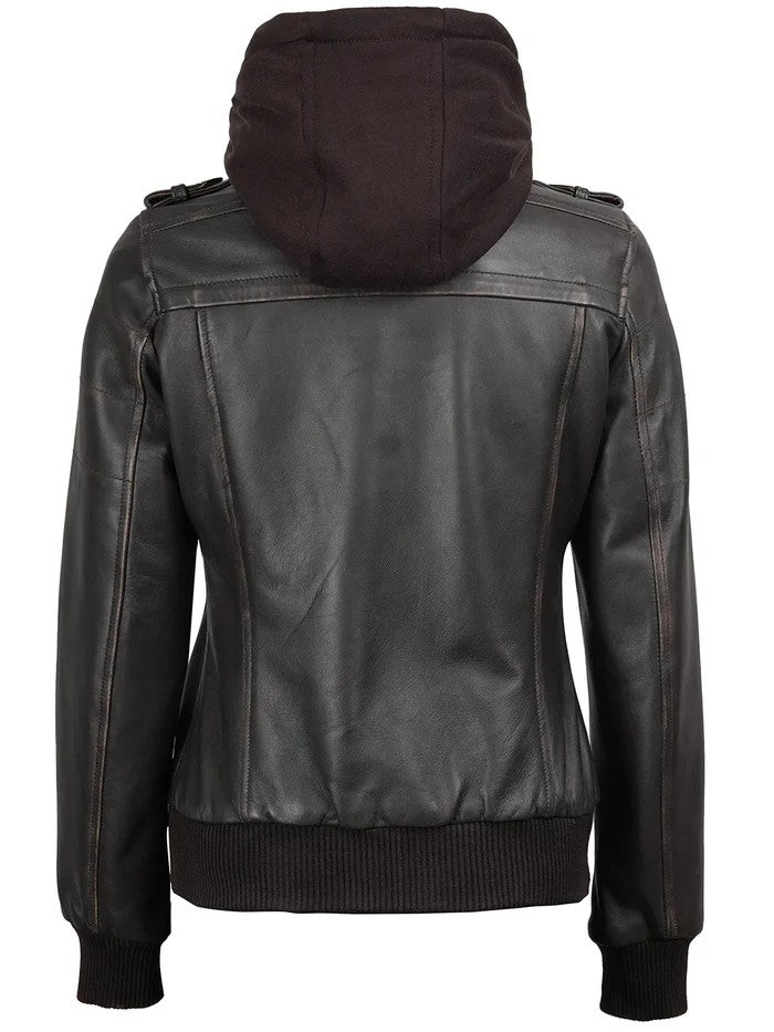 Back View – Women’s Dark Brown Hooded Leather Bomber Jacket