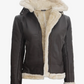 Ivory Women's Dark Brown Hooded Shearling Leather Jacket - Front Open View