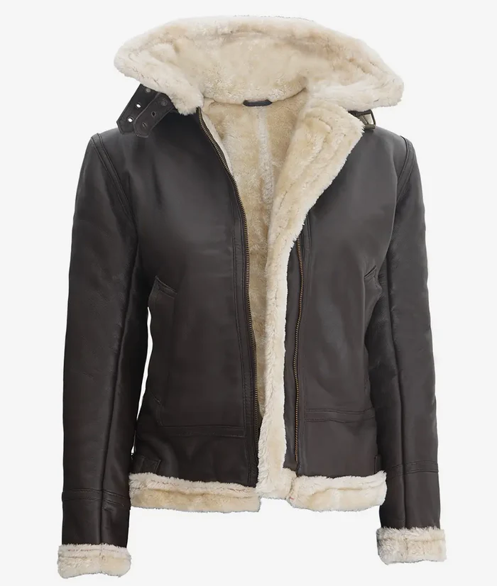 Ivory Women's Dark Brown Hooded Shearling Leather Jacket - Front Open View