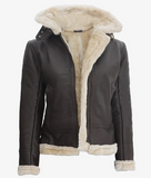 Ivory Women's Dark Brown Hooded Shearling Leather Jacket - Front Open View