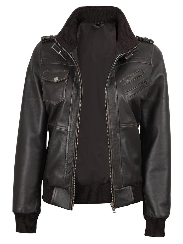 Blaze Women's Dark Brown Hooded Bomber Leather Jacket - Front Open View