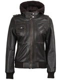 Women’s Dark Brown Leather Jacket with Removable Hood – Front View