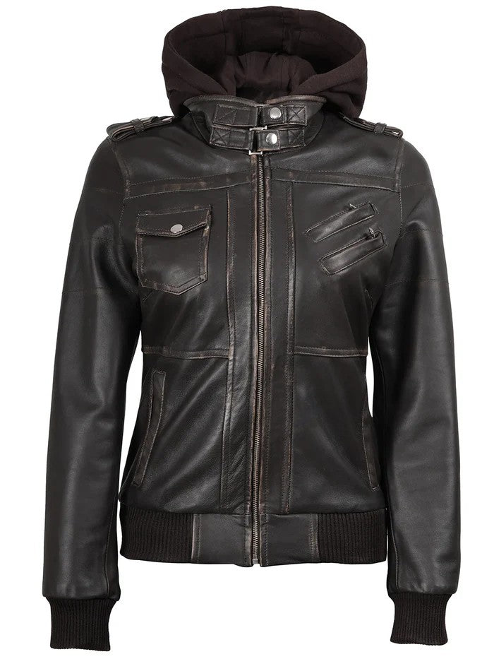 Women’s Dark Brown Leather Jacket with Removable Hood – Front View