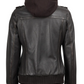Blaze Women's Dark Brown Hooded Bomber Leather Jacket - Front View