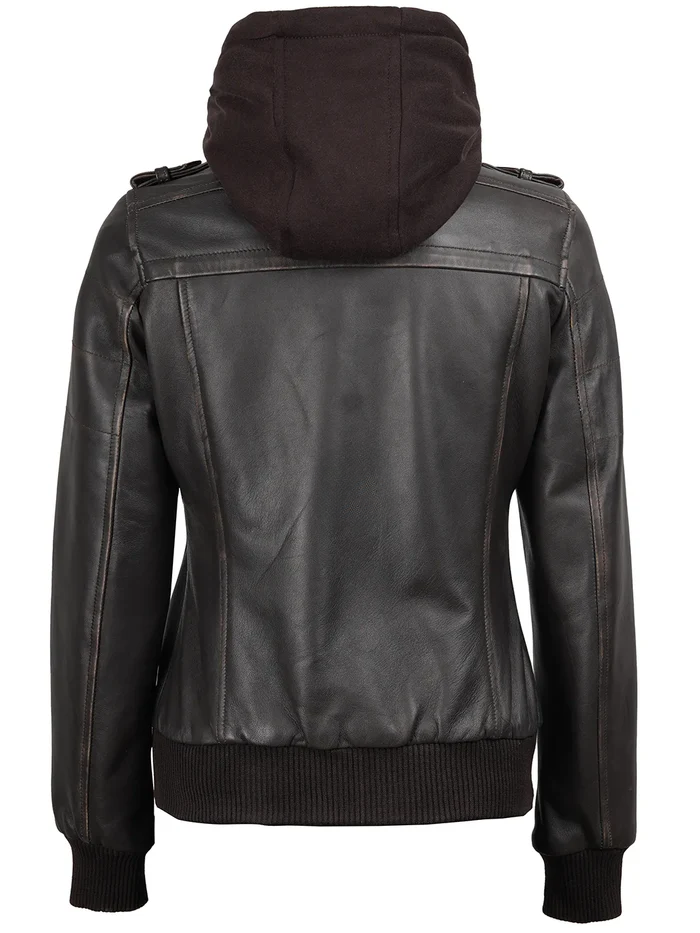 Blaze Women's Dark Brown Hooded Bomber Leather Jacket - Front View
