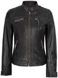 Women’s Rub-Off Brown Leather Biker Jacket – Front View