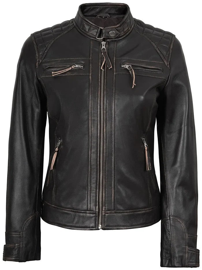 Women’s Rub-Off Brown Leather Biker Jacket – Front View