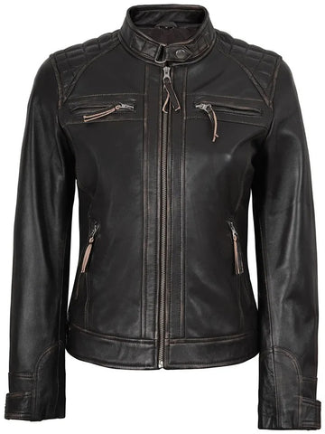 Women’s Rub-Off Brown Leather Biker Jacket – Front View