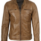 Dodge Men's Camel Brown Cafe Racer Leather Jacket - Front Open View