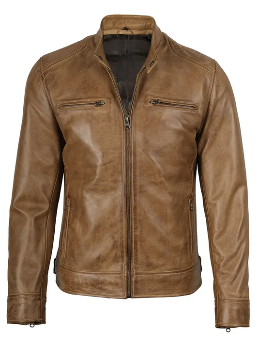 Dodge Men's Camel Brown Cafe Racer Leather Jacket - Front Open View