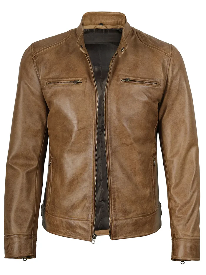 Men’s Camel Brown Leather Café Racer Jacket – Angled Front | NSM Jackets