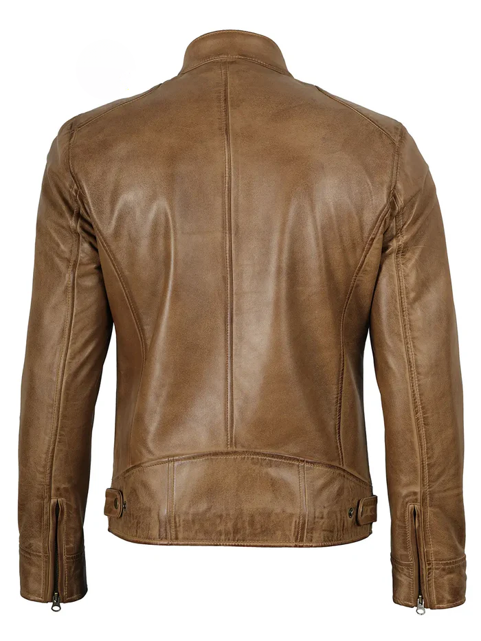 Dodge Men's Camel Brown Cafe Racer Leather Jacket - Side View
