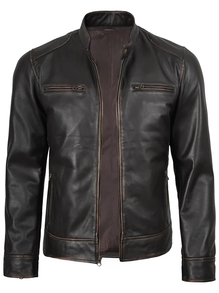 Men’s Dark Brown Rub-Off Café Racer Real Leather Jacket – Angled Look | NSM Jackets
