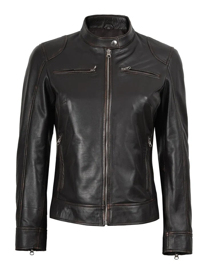 Rub-Off Brown Real Leather Jacket for Women – Front Closed View