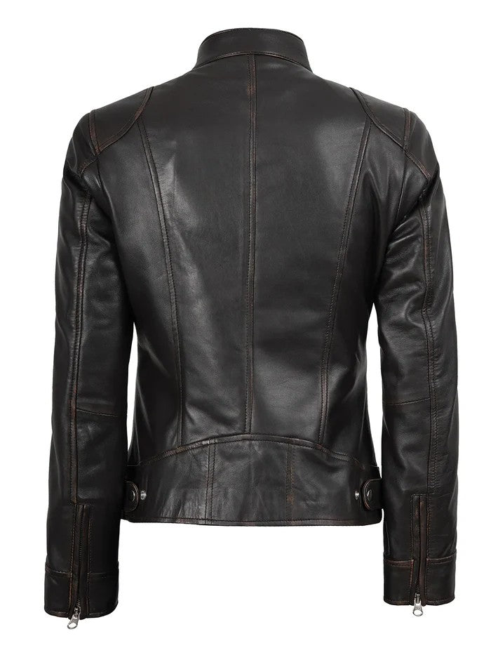 Rub-Off Brown Real Leather Jacket for Women – Front Closed View