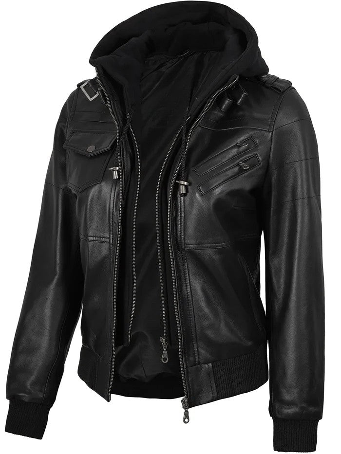 Front Open View – Black Leather Bomber Jacket with Hood for Women