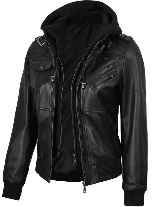Blaze Women's Black Hooded Bomber Leather Jacket - Side View