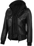 Blaze Women's Black Hooded Bomber Leather Jacket - Side View