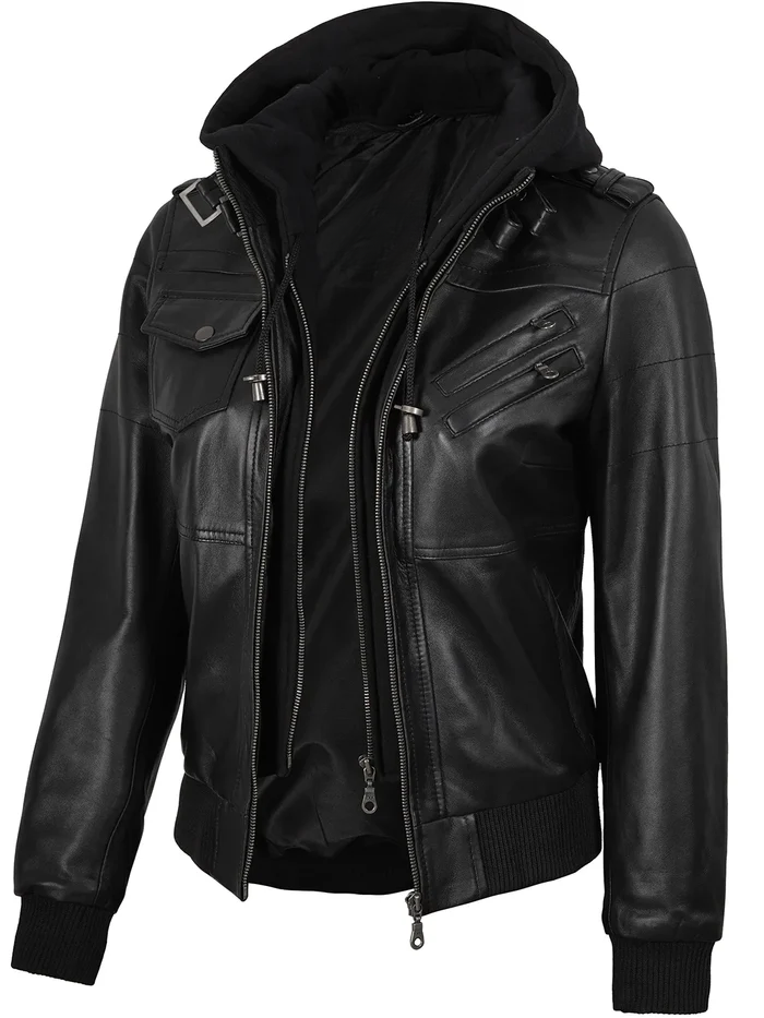 Blaze Women's Black Hooded Bomber Leather Jacket - Back View