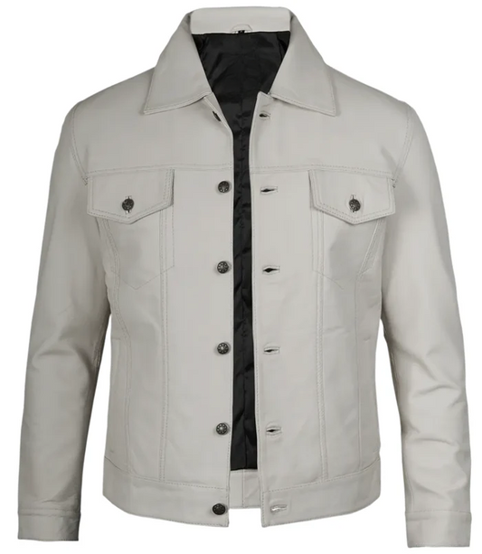 Fernando Men's White Leather Trucker Jacket - Side View