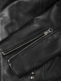 Close-Up Zipper and Sleeve Detail of Black Leather Café Racer Jacket