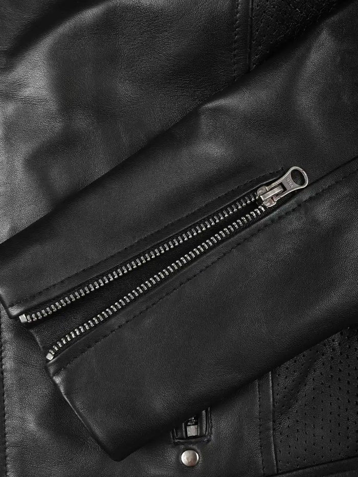 Close-Up Zipper and Sleeve Detail of Black Leather Café Racer Jacket