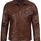 Fernando Men's Cognac Brown Waxed Leather Trucker Jacket - Front View