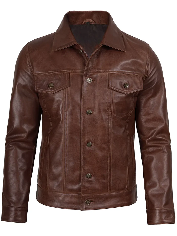 Fernando Men's Cognac Brown Waxed Leather Trucker Jacket - Front View