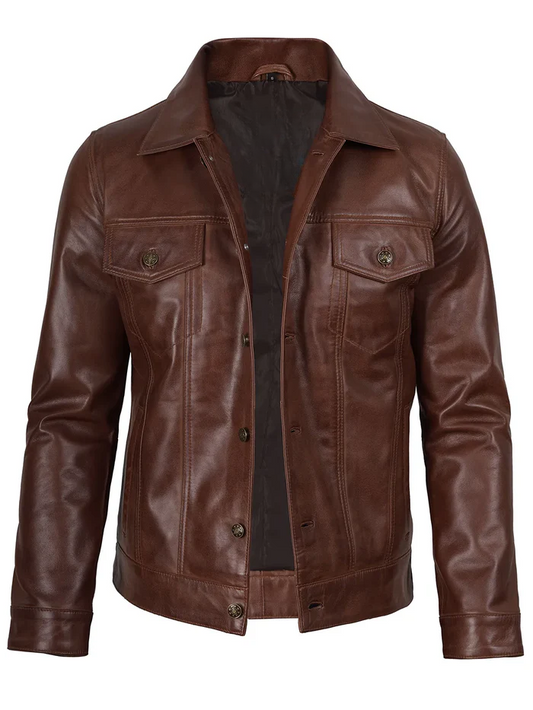 Fernando Men's Cognac Brown Waxed Leather Trucker Jacket - Side View