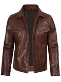 Fernando Men's Cognac Brown Waxed Leather Trucker Jacket - Side View